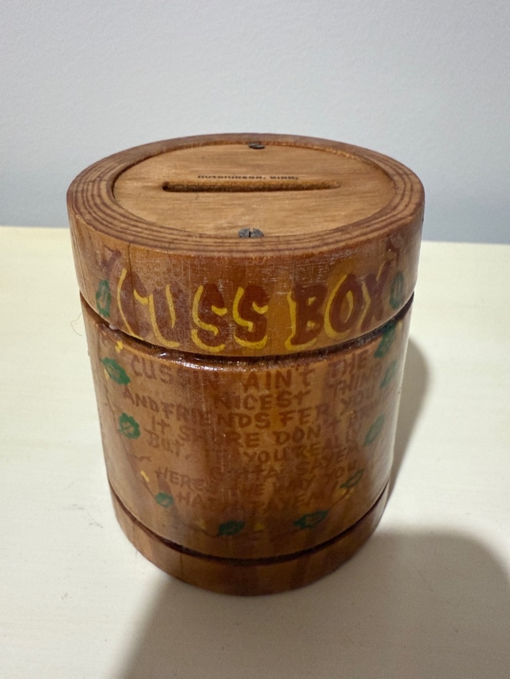 Wooden 'Cuss Box” Bank  Circa 1850’s Marked Japan on bottom
